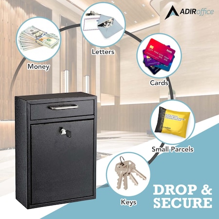 Adiroffice Large Steel Drop Box Wall-Mount Locking Mailbox, Black ADI631-04-BLK-MK